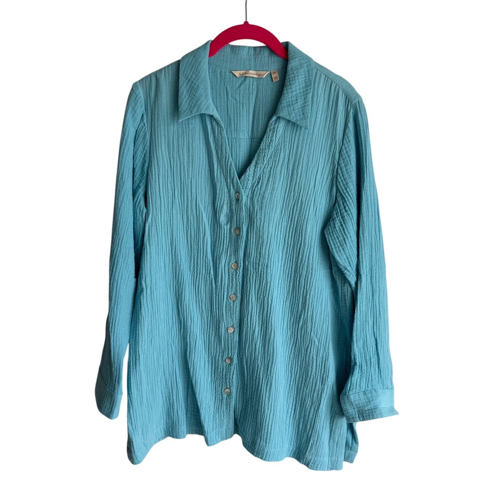 SOFT SURROUNDINGS Turquoise‎ Gauze Button Down Ladies 3/4 Sleeve Blouse, PS